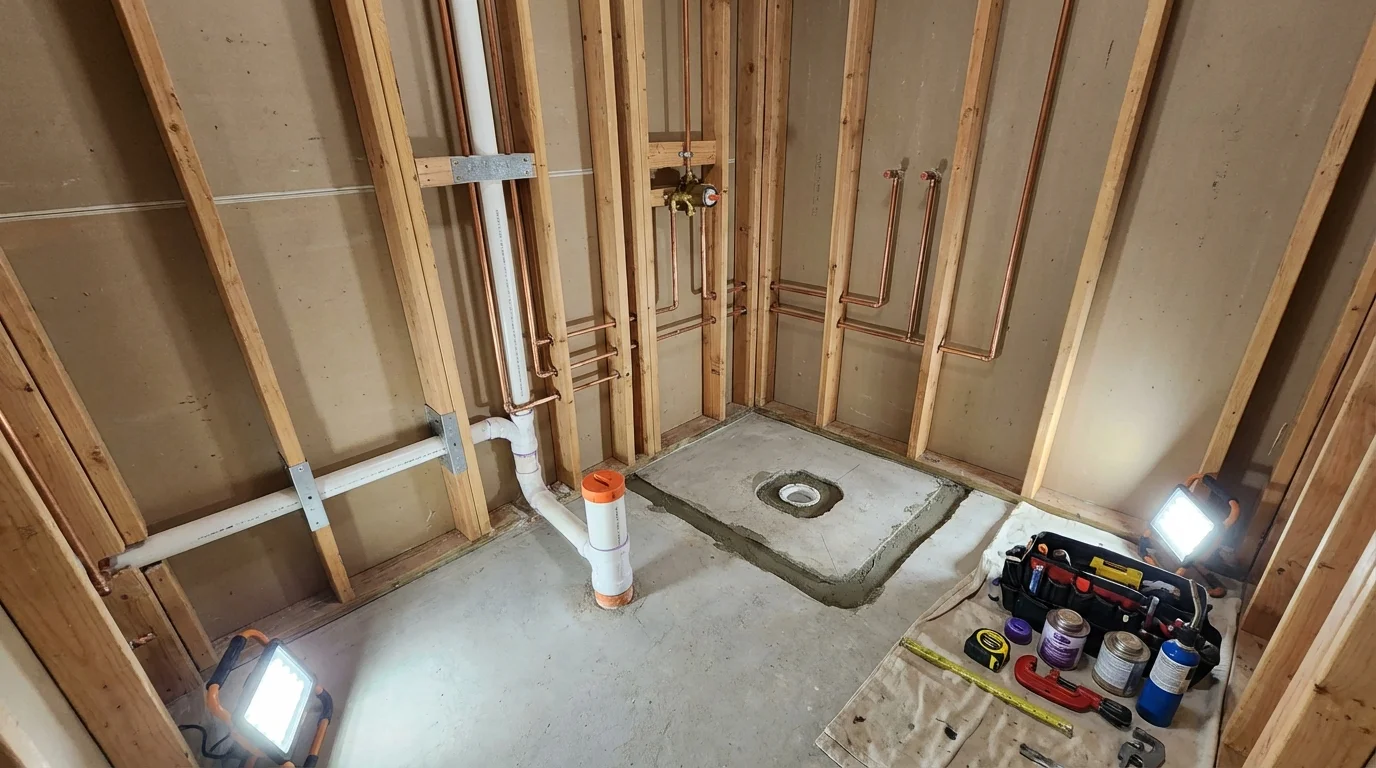 Bathroom rough-in plumbing during remodel by Johns Plumbing LLC in Woodland Park