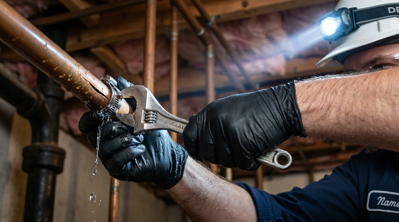 Emergency pipe clamp repair being performed by a Johns Plumbing LLC plumber in Woodland Park