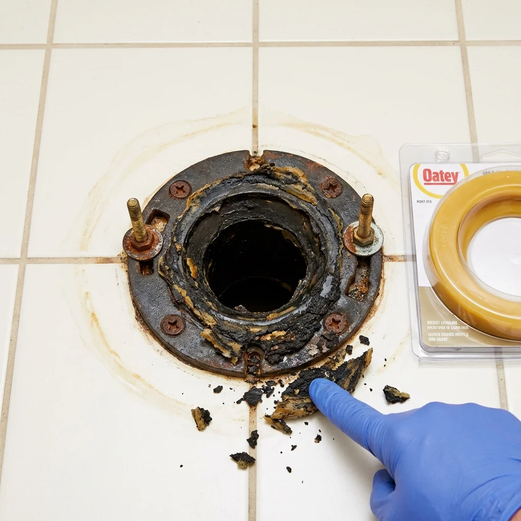 Failed wax ring showing water seepage at the base of a toilet in a Woodland Park, CO home
