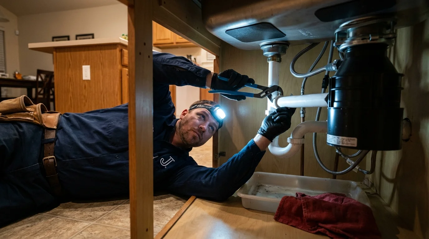 P-trap and supply line connections under a kitchen sink showing a common leak point in Woodland Park, CO